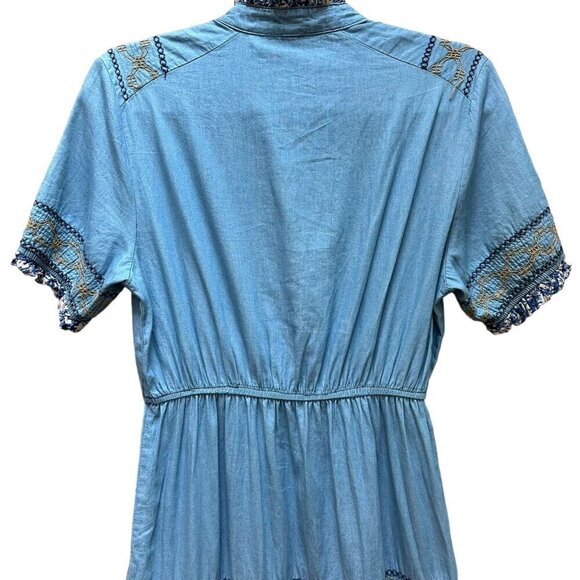 Red + Olive Bohemian Midi Dress Embroidered Details Ruffled Trim Cottage Size M - Picture 6 of 9